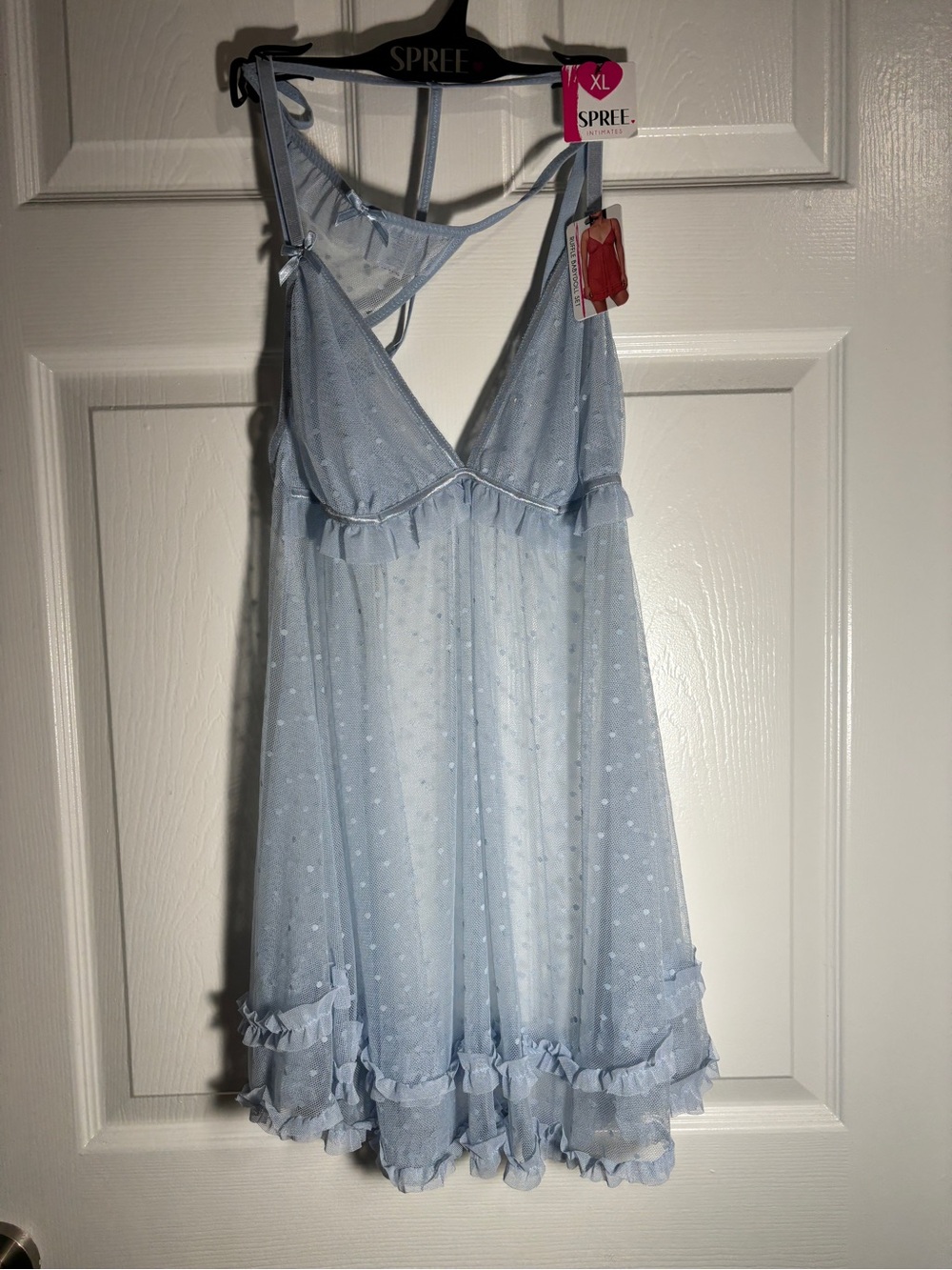 Spree Intimates Baby Blue Polka Dot Mesh Babydoll Chemise Slip Ruffle Hem XL NWT